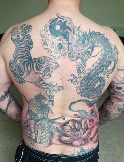 Dragon And Samurai Tattoos On Back For Men