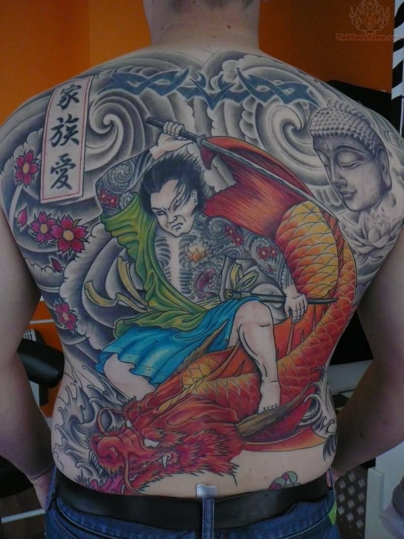 Dragon And Traditional Samurai Tattoo On Back