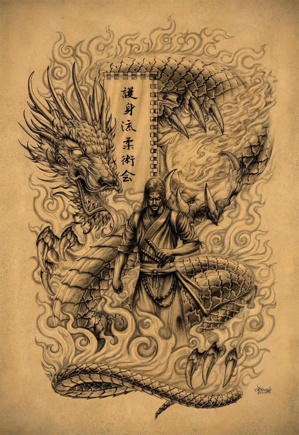 Dragon Samurai Tattoo Design by Loren86