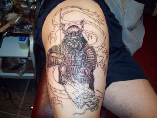 Dragon Samurai Tattoo On Right Thigh
