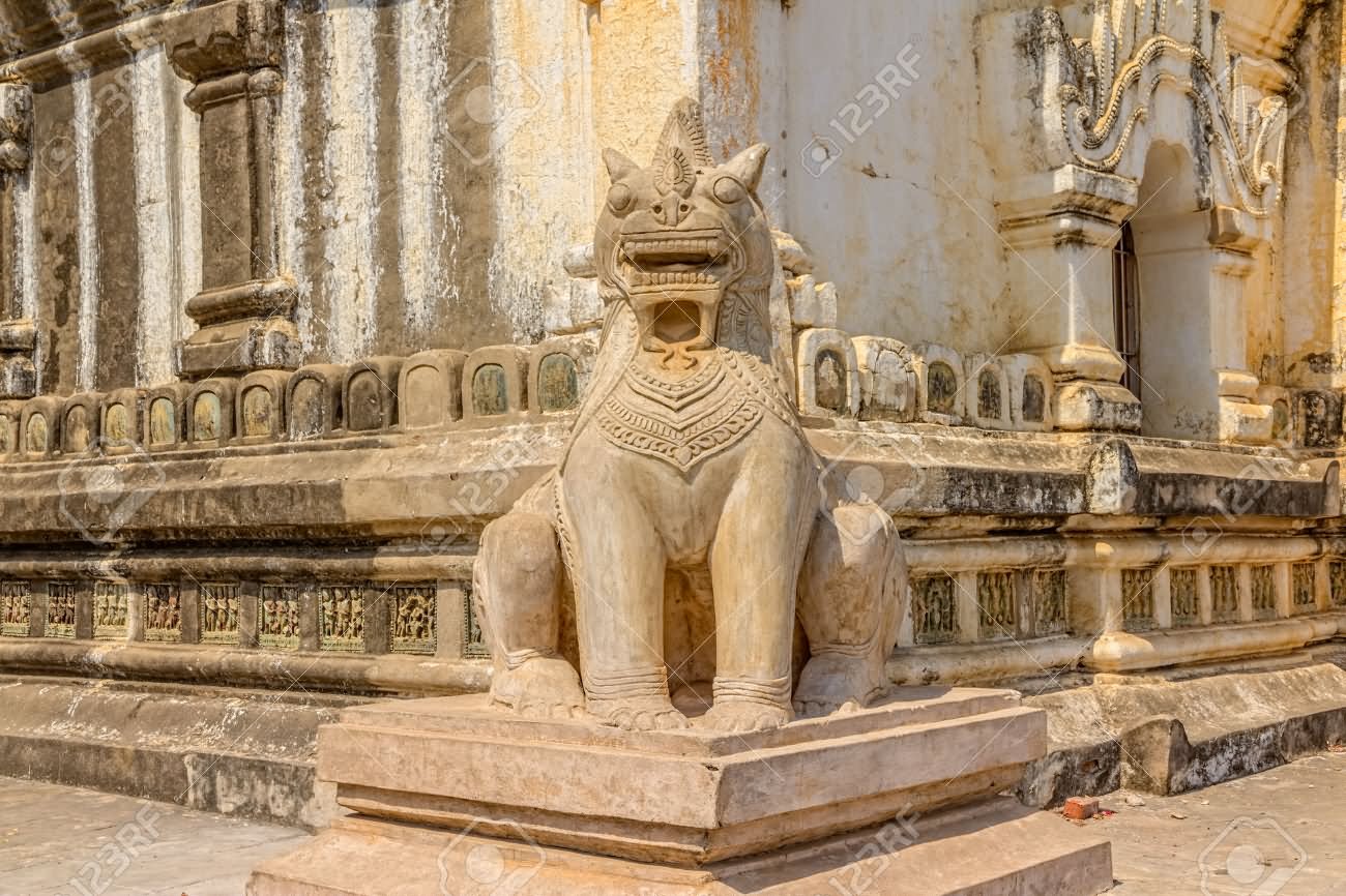 Entrance Guardian Lion On The Facade Of Ancient Ananda Temple