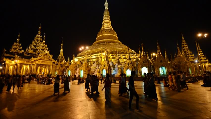 Famous Shwedagon Pagoda In Myanmar At Night