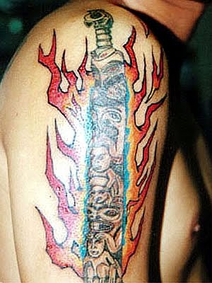 Flaming Samurai Sword Tattoo On Right Half Sleeve