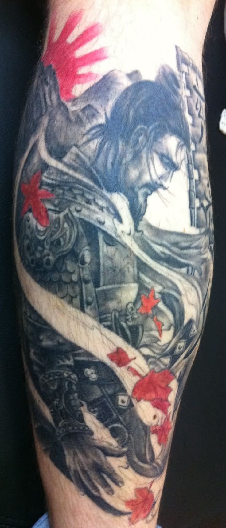 Flowers And Samurai Tattoo On Leg