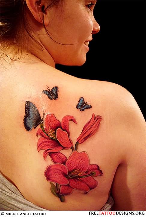Flying Butterflies And Hibiscus Tattoo On Right Back Shoulder