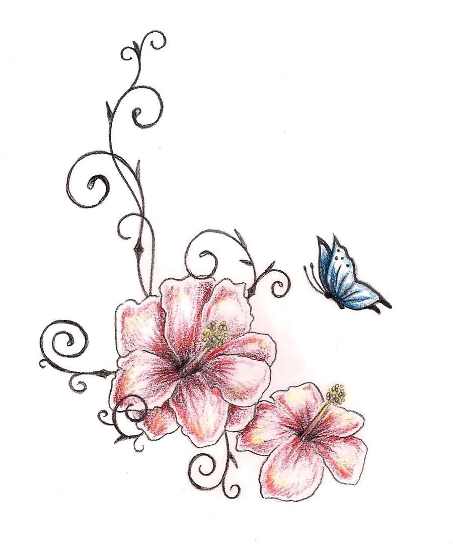 Flying Butterfly And Hibiscus Flowers Tattoos