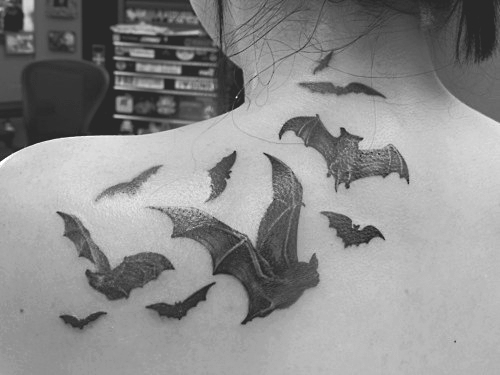 Flying Vampire Bats Tattoo On Left Back Shoulder
