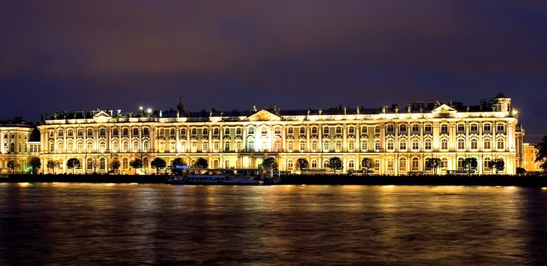 Front View Of Hermitage Museum Illuminated At Night
