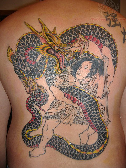Full Back Dragon Samurai Tattoo On Full Back