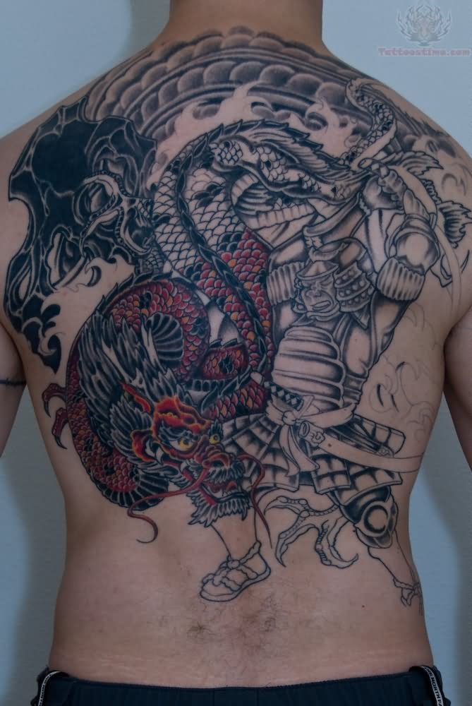 Full Back Samurai Dragon Tattoo On Full Back