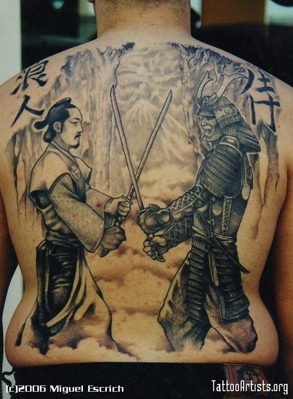 Full Back Samurai Tattoo For Men