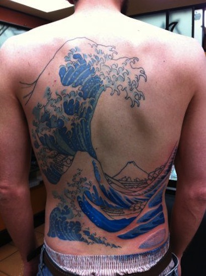 Full Back Wave Tattoos For Men