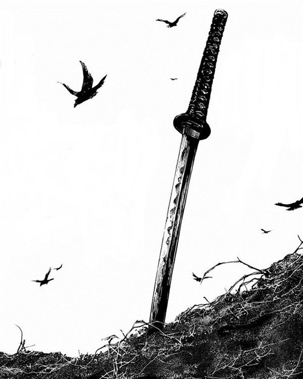 Flying Birds And Samurai Sword Tattoo Design