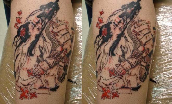 Geisha Kissing Samurai Tattoo On Leg