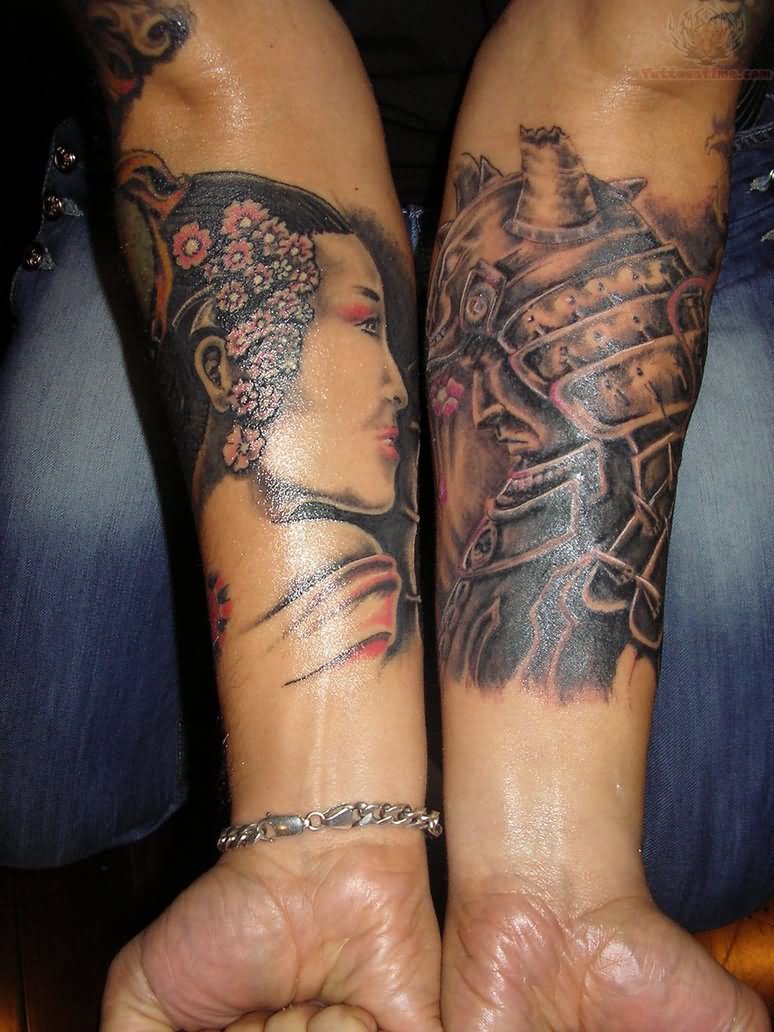Geisha Samurai Tattoos On Both Forearm