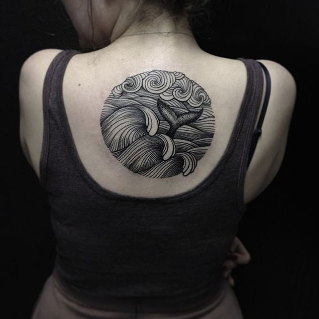 Girl Upper Back Grey Ink Wave Tattoo