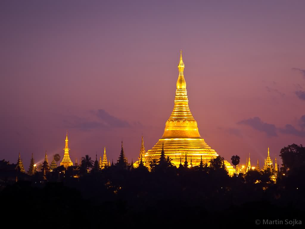 Golden Shwedagon Pagoda In Yangon At Dawn