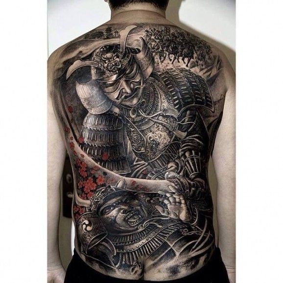 Great Battle Of Two Samurai Tattoos On Back by Hailin Fu