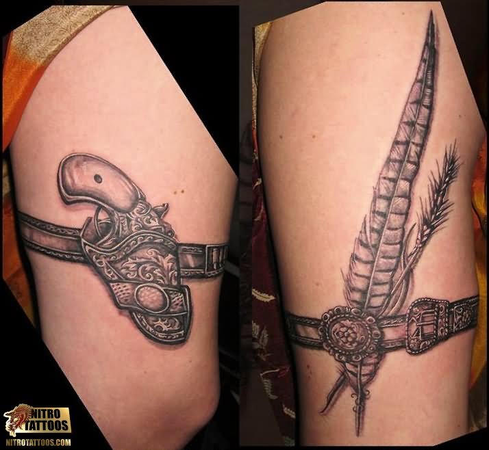 Grey Feather And Gun Garter Tattoo