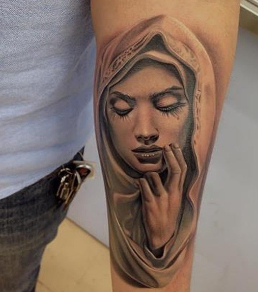 Grey Ink 3D Saint Mary Mother Of God Tattoo Design For Arm
