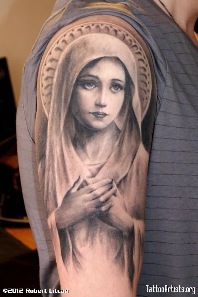 Grey Ink 3D Saint Mary Tattoo On Right Half Sleeve By Dark Raptor