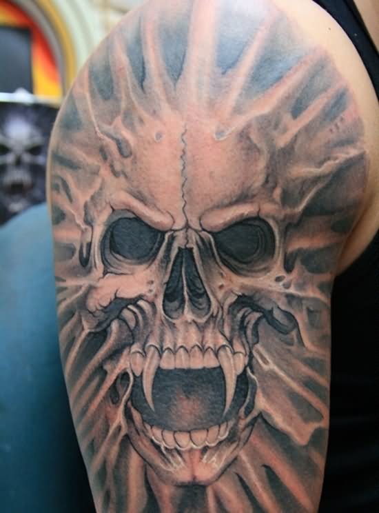 Grey Ink 3D Vampire Skull Tattoo On Shoulder