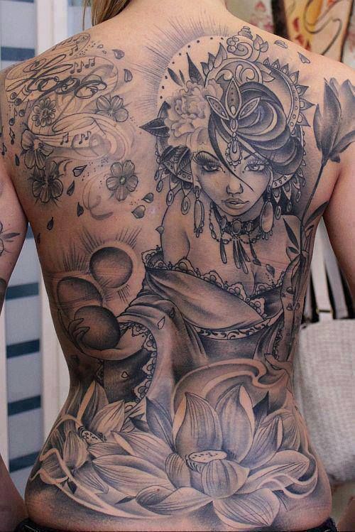 Grey Ink African Queen Tattoo On Full Back