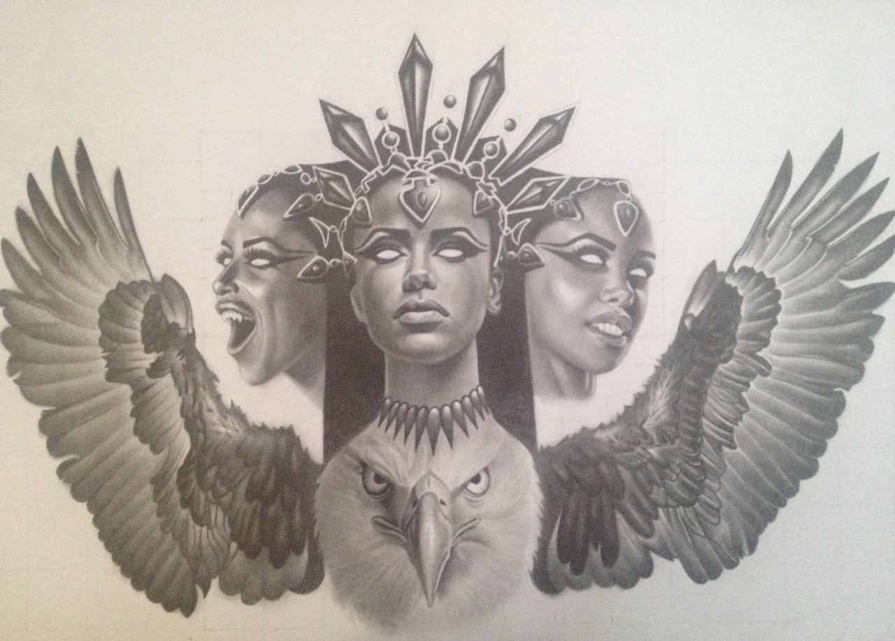 Grey Ink African Queen With Wings Tattoo Design