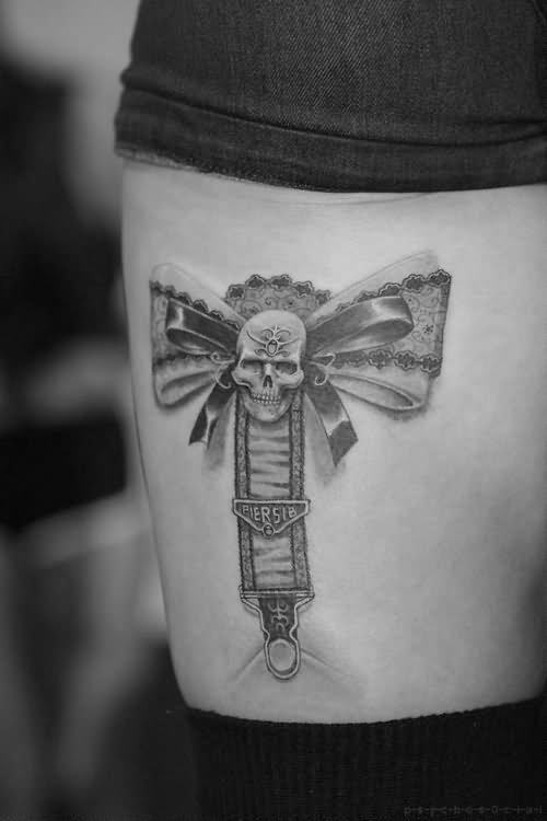 Grey Ink Bow Skull Garter Tattoo