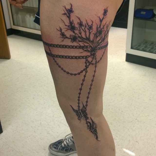 Grey Ink Butterflies And Garter Tattoo On Leg