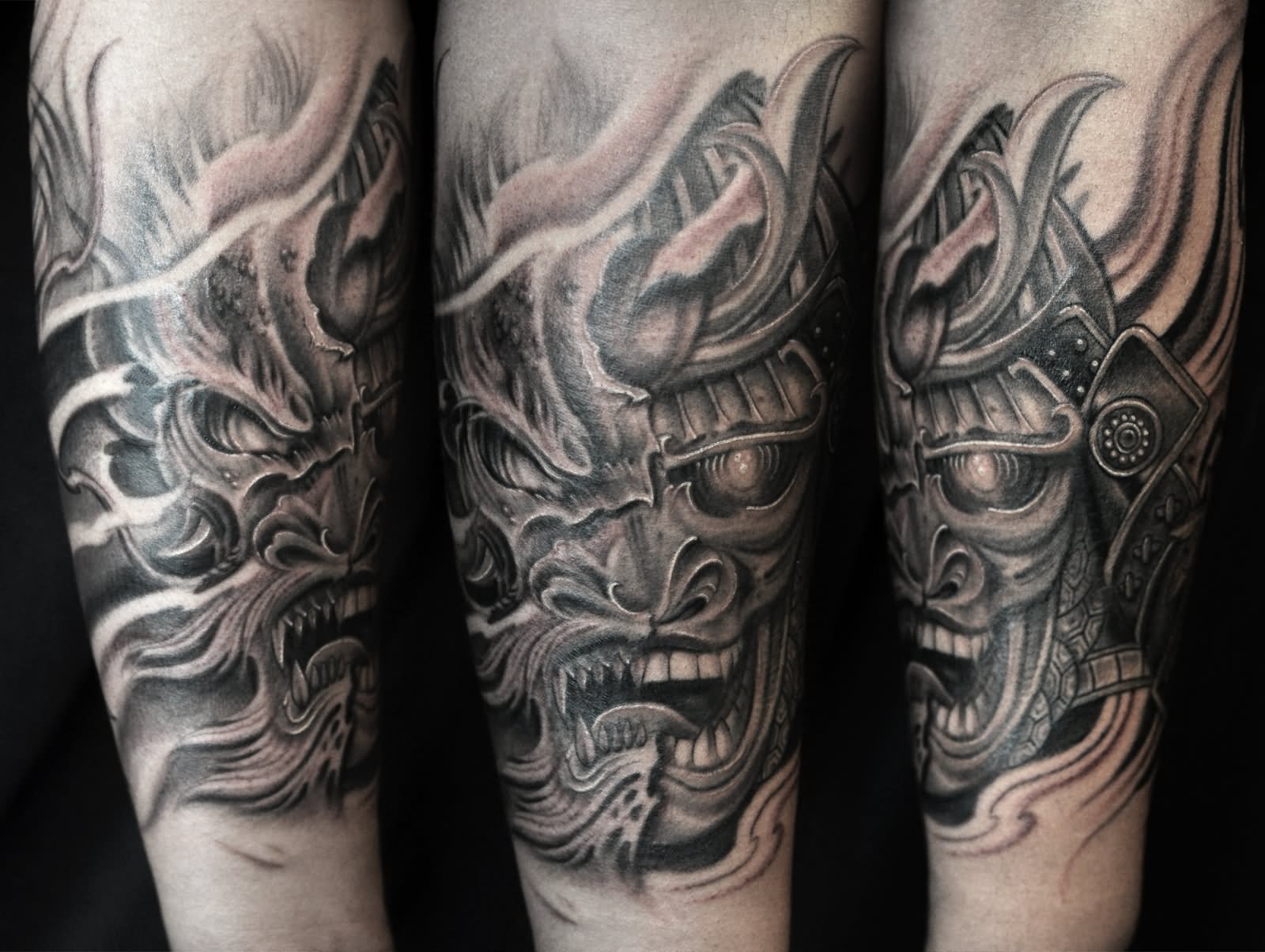 Grey Ink Dragon Samurai Tattoo On Sleeve