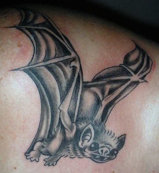 Grey Ink Flying Vampire Bat Tattoo Design