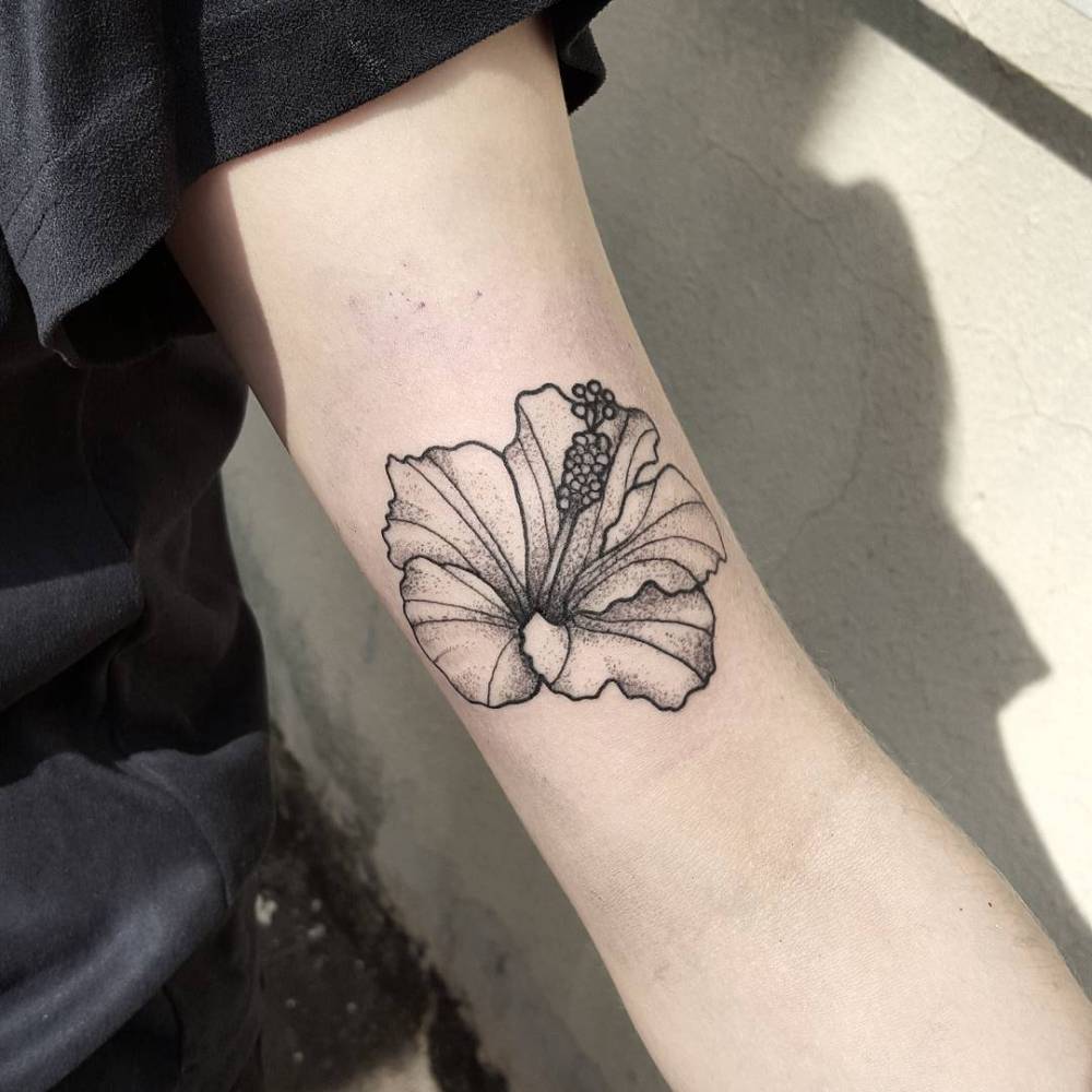 Grey Ink Geometric Hibiscus Tattoo On Bicep