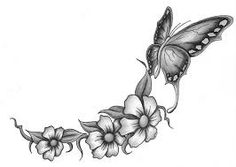 Grey Ink Jain Flowers With Butterfly Tattoo Design