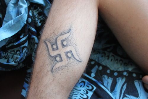 Grey Ink Jain Swastika Tattoo Design For Leg
