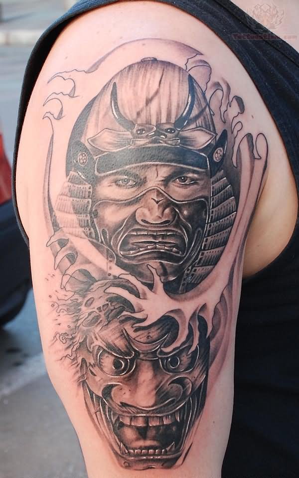 Grey Ink Japanese Samurai Tattoo On Right Half Sleeve