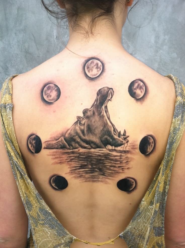 Grey Ink Moon And Wave Tattoo On Girl Upper Back