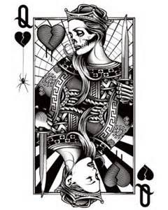 Grey Ink Queen Of Hearts Card Tattoo Design