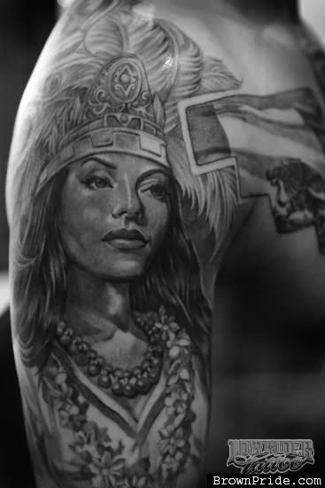 Grey Ink Queen Tattoo On Half Sleeve