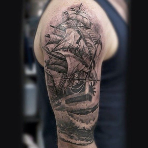 Grey Ink Realistic Tattoo On Right Half Sleeve