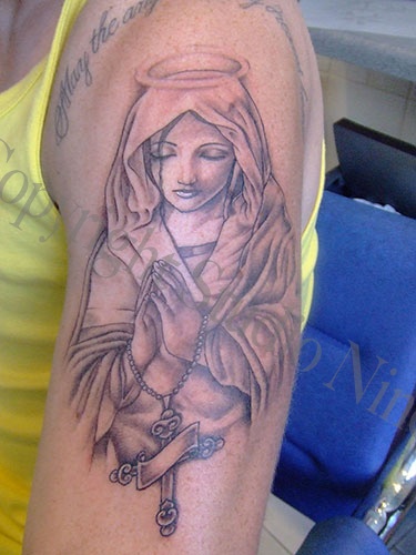 Grey Ink Rosary Cross In Saint Mary Hand Tattoo Design For Half Sleeve