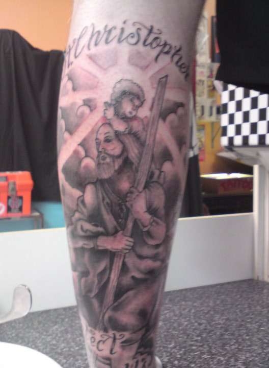Grey Ink Saint Christopher Tattoo Design For Leg Calf