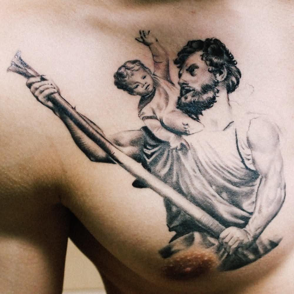 Grey Ink Saint Christopher Tattoo On Man Chest