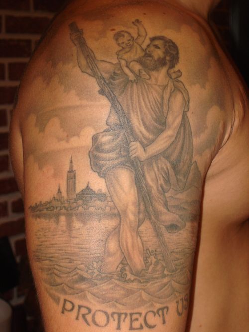 Grey Ink Saint Christopher Tattoo On Man Right Half Sleeve