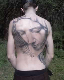 Grey Ink Saint Mary Mother Of God Face Tattoo On Full Back