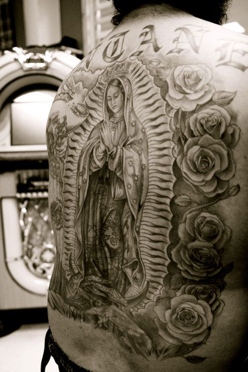 Grey Ink Saint Mary Mother Of God In Frame With Roses Tattoo On Full Back