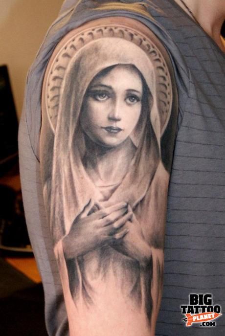 Grey Ink Saint Mary Mother Of God Tattoo On Right Half Sleeve