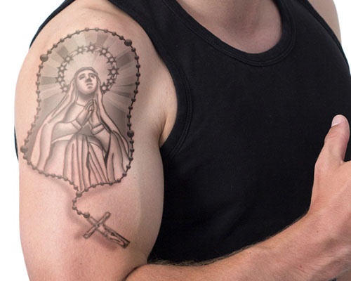 Grey Ink Saint Mary Mother Of God With Rosary Cross Tattoo On Man Right Shoulder
