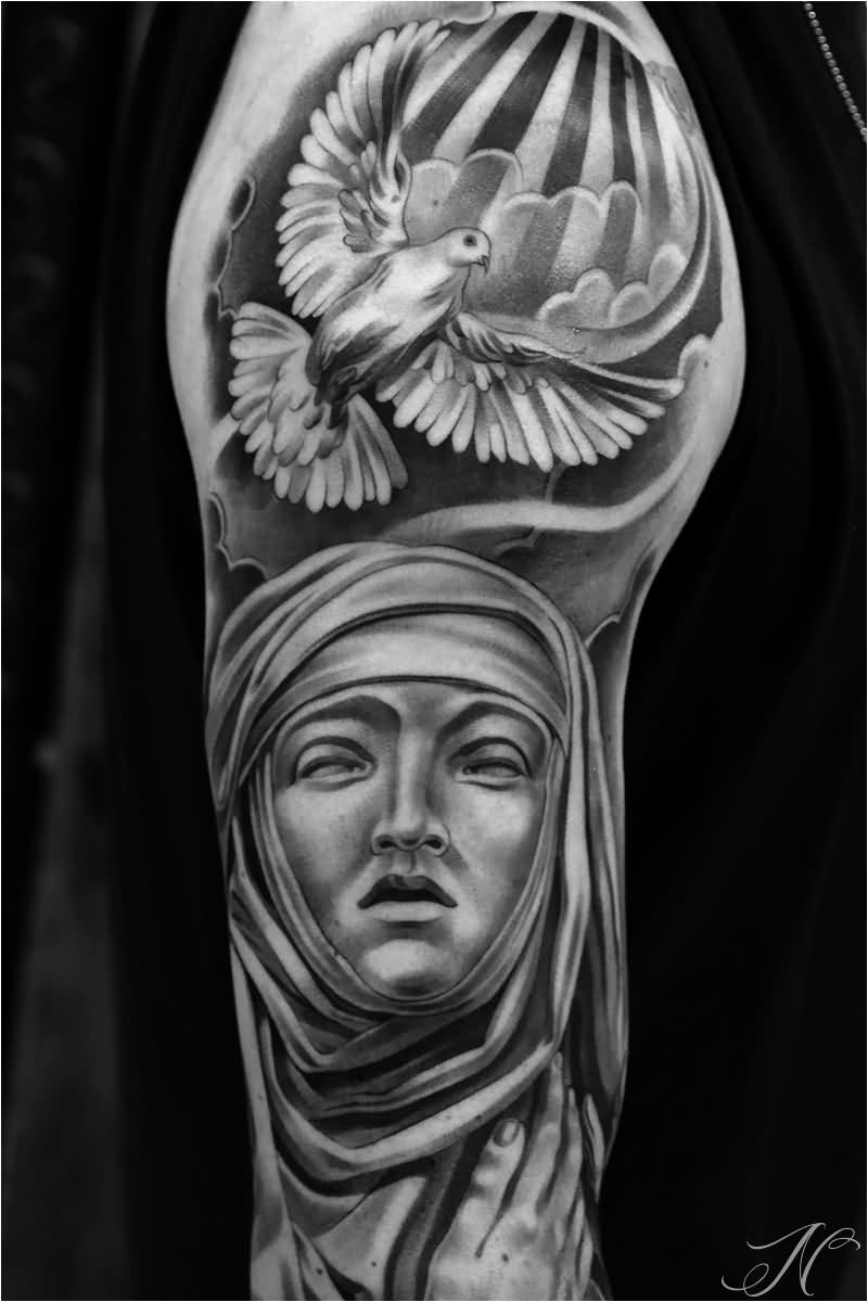 Grey Ink Saint Mary With Flying Bird Tattoo On Half Sleeve By Noah Minuskin