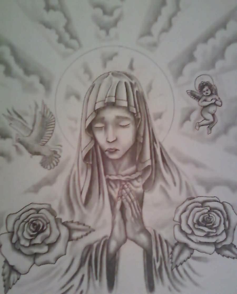 Grey Ink Saint Mary With Roses Tattoo Design By Benji Blackstar